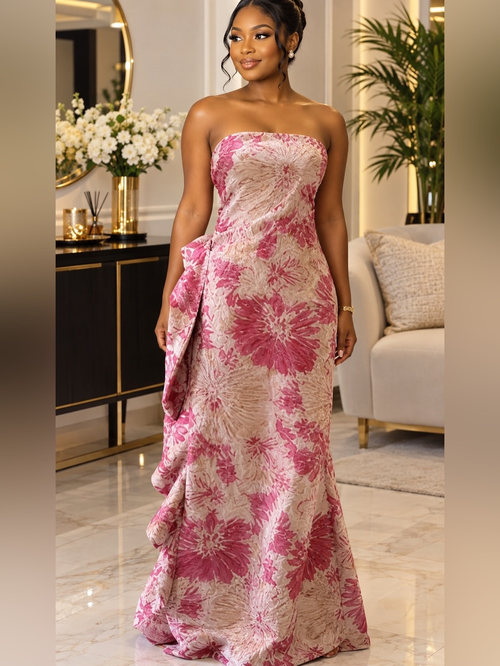 Donna Karan Pink and Cream Strapless Floral Maxi Dress